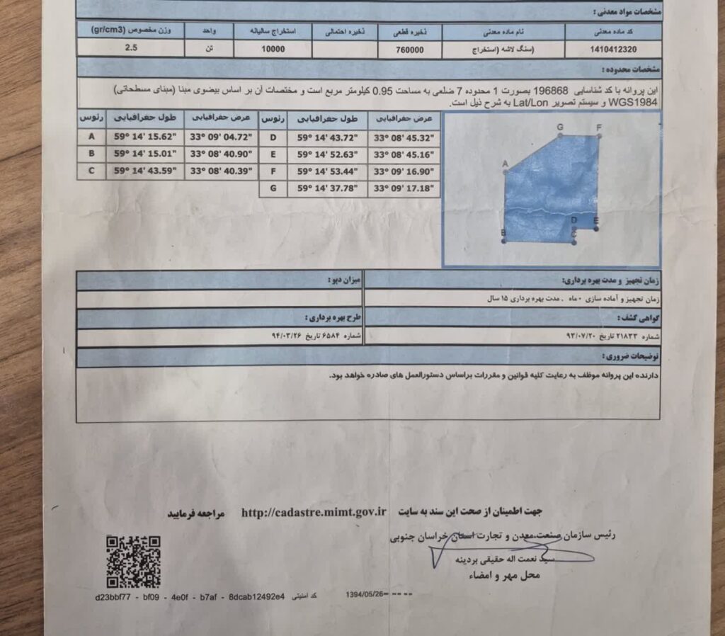 معدن سنگ لاشه با پروانه بهره برداری